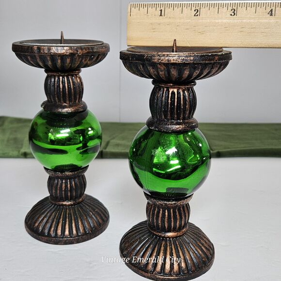 Vtg Rare Metallic Green Chunky Candlestick Candle Holder Set of 2 Festive Decor - Picture 5 of 12